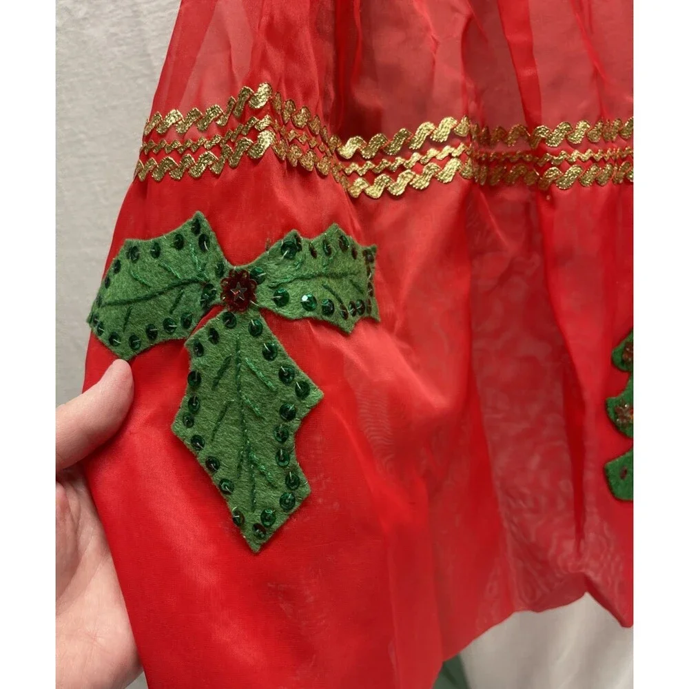 Vintage Handmade Red Christmas Sheer Kitchen Half Skirt Apron Trees Holly MCM
